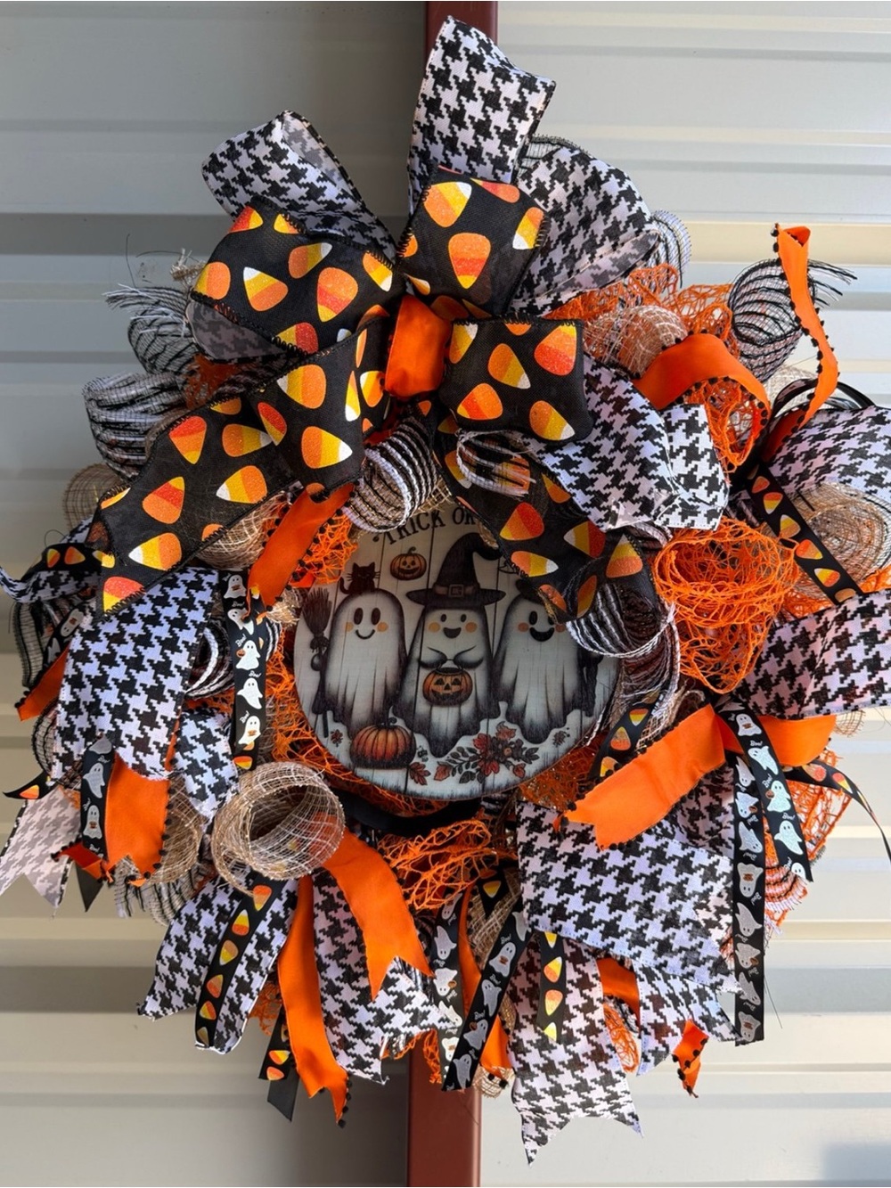 Halloween Ghost Wreath with Candy Corn Ribbon - Orange, Black & White